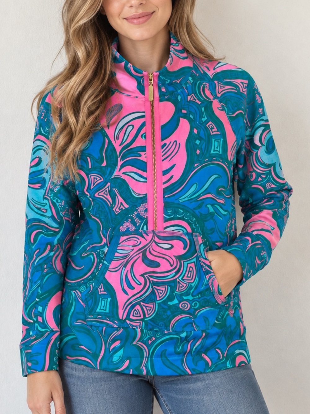 Lilly Pulitzer Quarter Zip Ty Pullover Sweatshirt Size S Pink Teal Blue Paisley